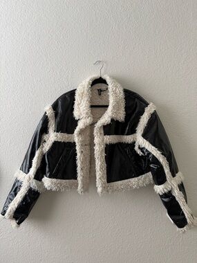 H&M Black Faux Leather Cropped Jacket with White Sherpa Trim